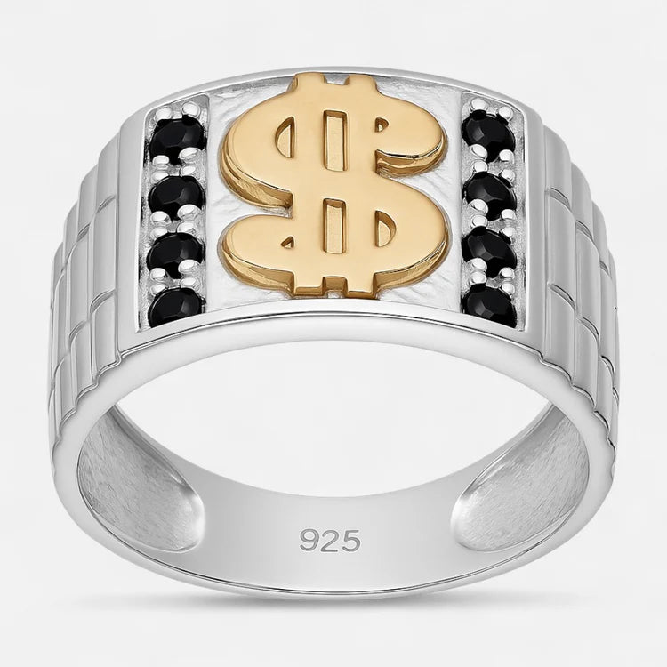 Anillo Sello Circones Ónix Símbolo Dólar en Oro